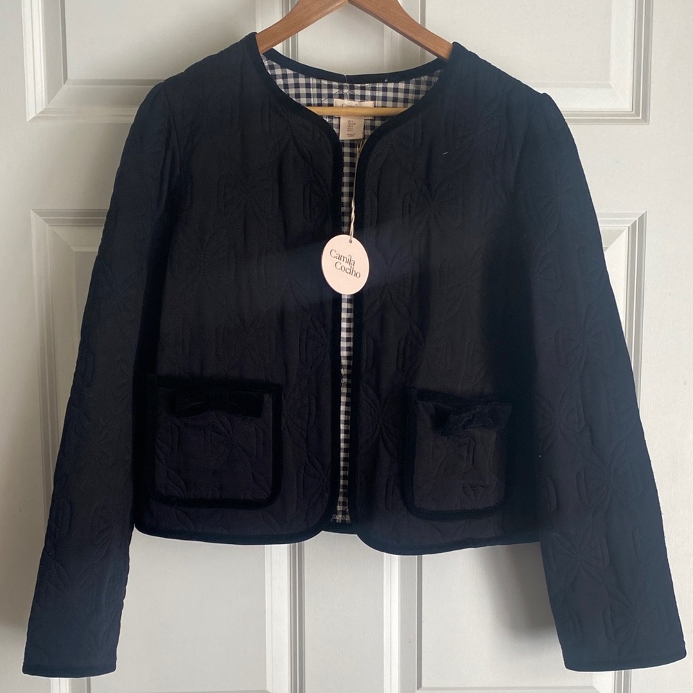 Camila Coelho Blk Bow Quilted Open Front Jacket Sz L NWT Velvet Trim Bow Detail